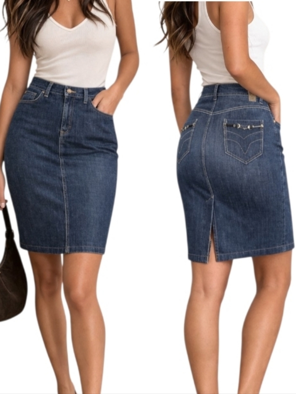 Weekend Max Mara Dark Denim High Rise Above Knee Buckle Skirt Size 8